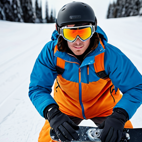 **

A beginner skier or snowboarder in full winter gear (warm, waterproof clothes, gloves, goggles), struggling with skis or a snowboard on flat ground. Focus on the initial awkwardness of handling the equipment. Maybe they're trying to put on skis or clip into a snowboard binding.

**